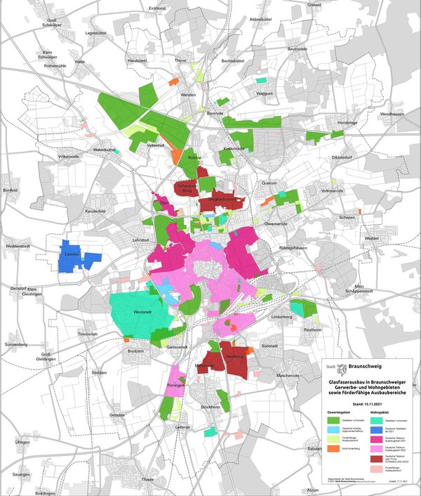 Karte mit den Glasfaserausbau-Gebieten in Braunschweig Stand November 2021