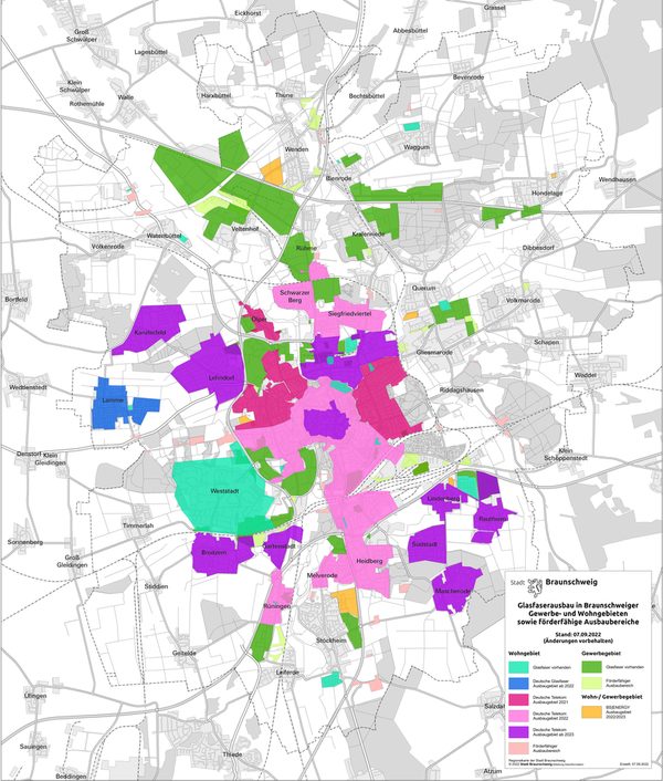 Karte mit den Glasfaserausbau-Gebieten in Braunschweig Stand September 2022 (Wird bei Klick vergrößert)
