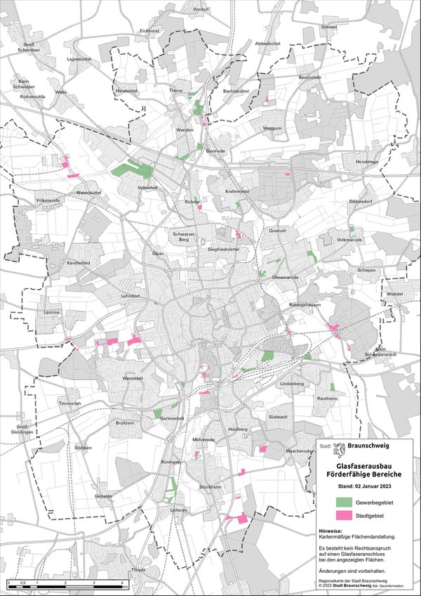 Karte mit den geförderten Glasfaserausbau-Gebieten in Braunschweig Stand Januar 2023 (Wird bei Klick vergrößert)