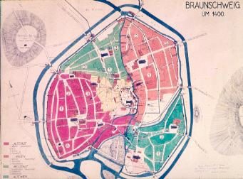 historischer Stadtplan Braunschweigs um 1400 (Wird bei Klick vergrößert)