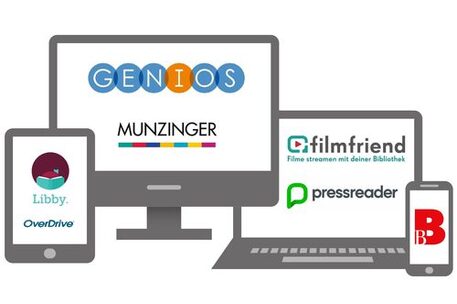 Verschiedene elektronische Endgeräte mit den Logos der digitalen Angebote