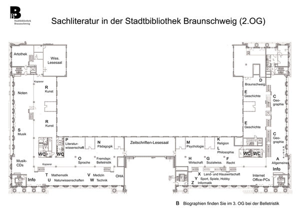 Lageplan der Sachliteratur im 2. Obergeschoss (Wird bei Klick vergrößert)