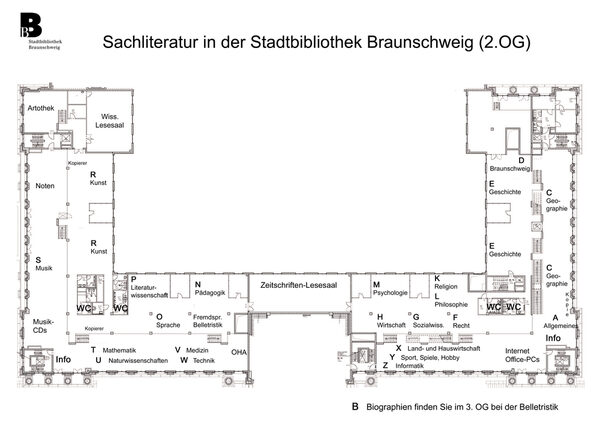 Lageplan der Sachliteratur im 2. Obergeschoss (Wird bei Klick vergrößert)