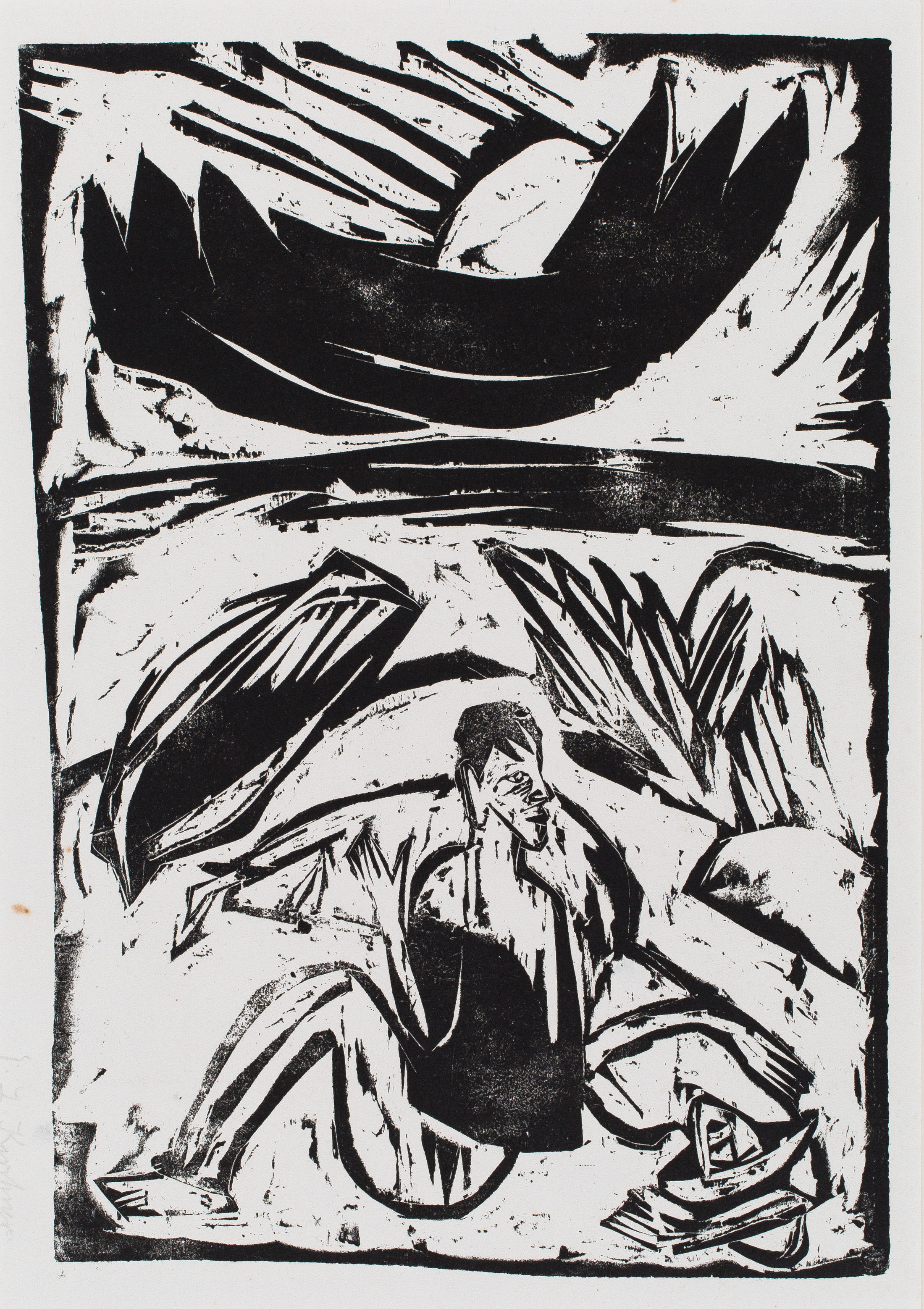 Ernst Ludwig Kirchner, Mann und Frau am Strand bei aufgehendem Mond, 1912, Holzschnitt, Städtisches Museum Braunschweig (Wird bei Klick vergrößert)