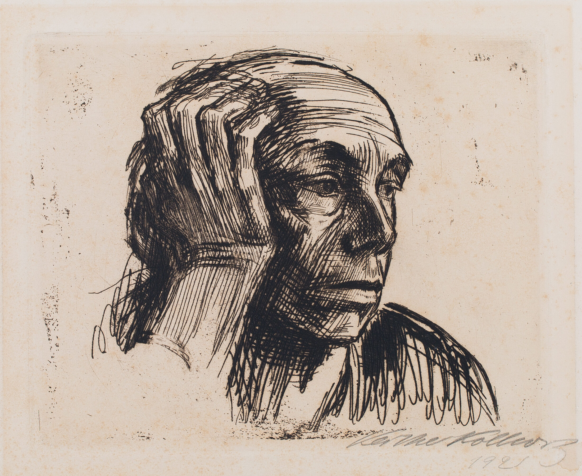 Käthe Kollwitz, Selbstporträt, 1921, Strichätzung und Polierstahl, Städtisches Museum Braunschweig (Wird bei Klick vergrößert)