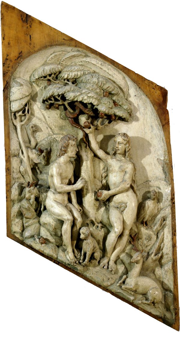 Geschnitztes Relief mit Adam und Eva (Wird bei Klick vergrößert)