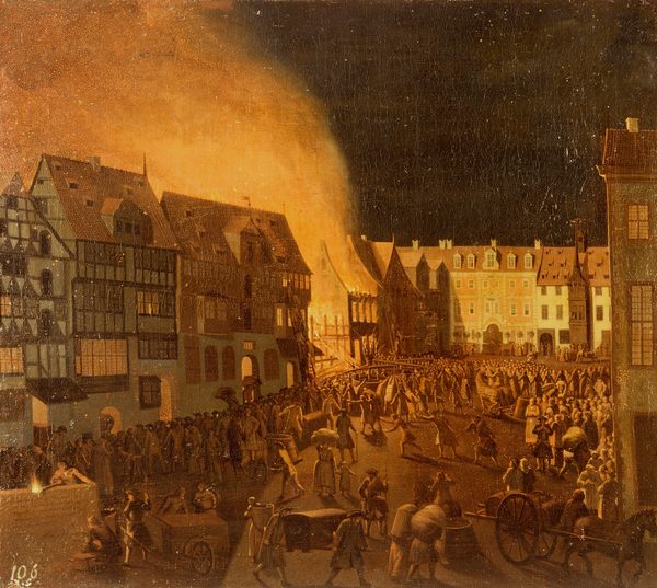 Gemälde mit der Darstellung eines Stadtbrandes (Wird bei Klick vergrößert)