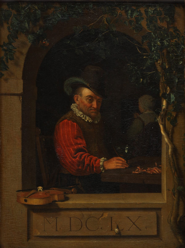 Gemälde eines trinkenden Mannes in einem Bogenfenster (Wird bei Klick vergrößert)