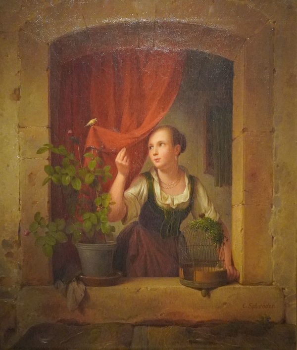 Gemälde einer Frau mit Vogel am Fenster (Wird bei Klick vergrößert)