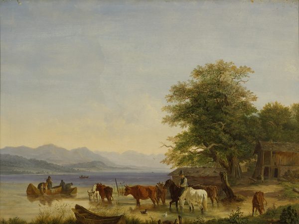 Gemälde einer Seelandschaft mit Tieren und Menschen (Wird bei Klick vergrößert)