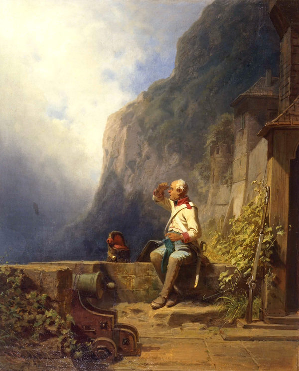 Gemälde mit einem Strickendem Soldaten in einer Festung (Wird bei Klick vergrößert)