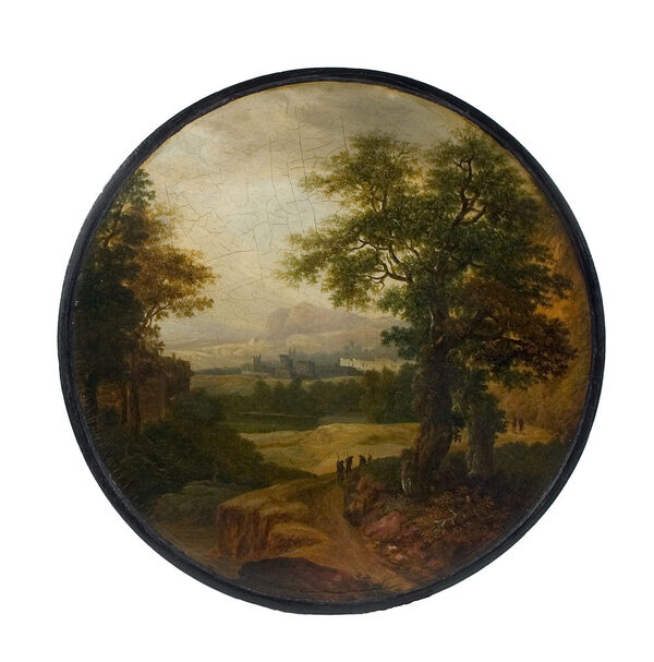 Manufaktur Stobwasser, Pascha Johann Friedrich Weitsch (Maler): Große Dose mit Landschaft mit großen Eichen,, Wanderern und Anglern am Fluss, Städtisches Museum Braunschweig (Wird bei Klick vergrößert)