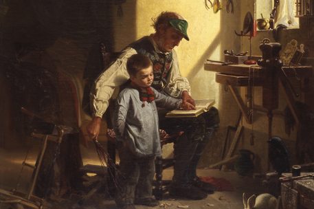 Gemälde strenger Großvater lehrt Enkel lesen