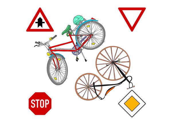 Zwei Fahrräder mit Verkehrsschildern (Wird bei Klick vergrößert)