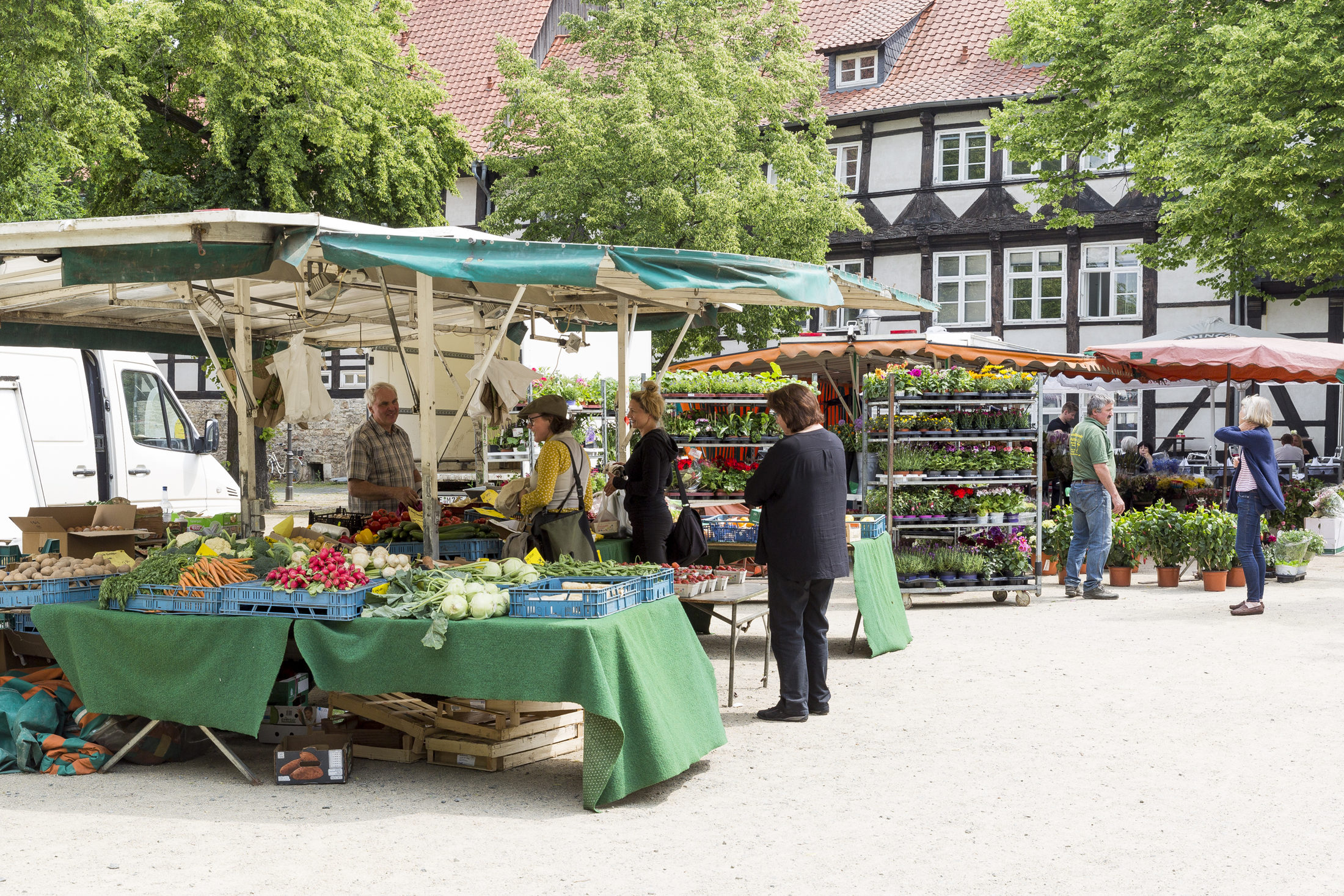 Blick auf die Marktstände auf dem Magnikirchplatz