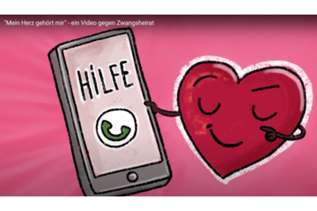 Cartoon von einem Herzen mit einem Smartphone in der Hand und dem Text Hilfe