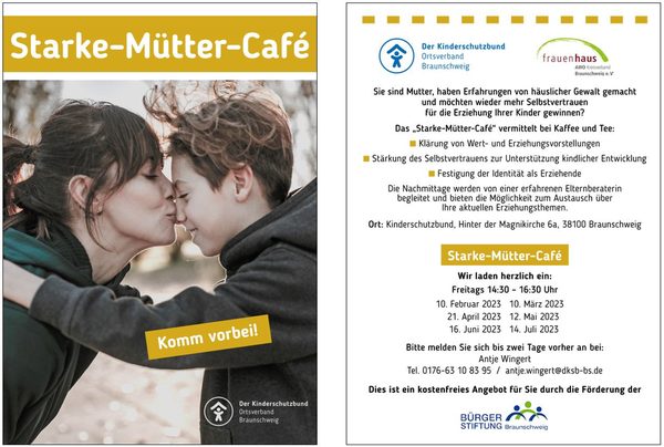 Text Starke Mütter Cafe, eine Frau gibt einem Kind einen Kuss auf die Nase und die Informationen zur Anmeldung (Wird bei Klick vergrößert)
