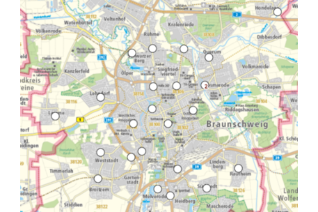Karte der Stadt Braunschweig mit Punkten an den Stellen an denen sich Jugendzentren befinden