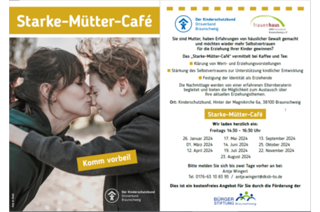 Text Starke Mütter Cafe, eine Frau gibt einem Kind einen Kuss auf die Nase und die Informationen zur Anmeldung