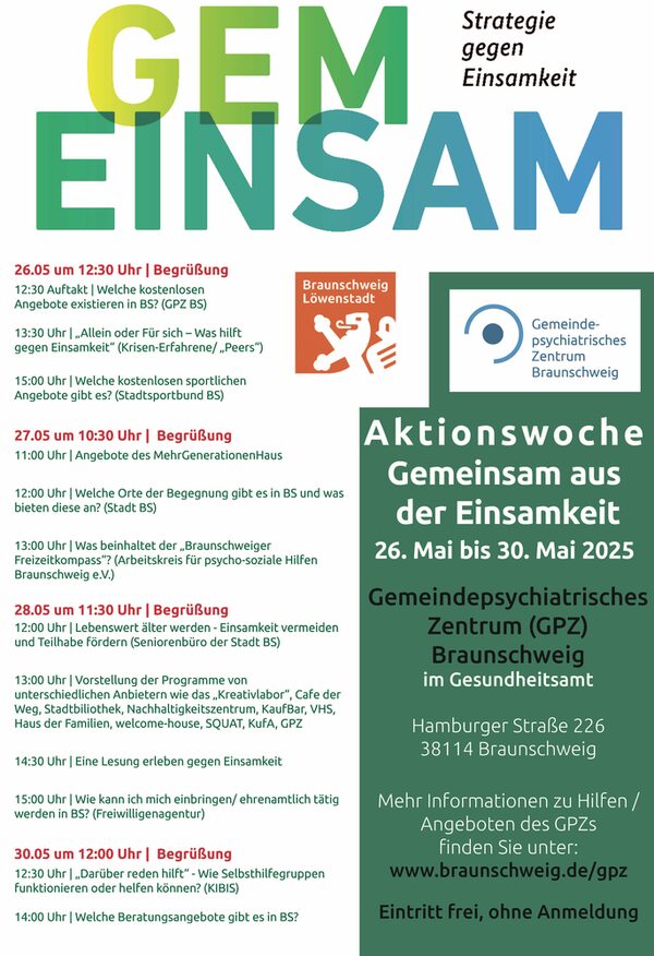 Plakat Aktionswoche „Gemeinsam aus der Einsamkeit“ im GPZ vom 26. Mai 2025 bis zum 30. Mai 2025