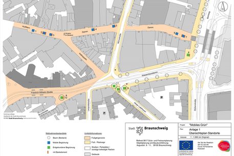 Stadtplankarte mit einer Übersicht der Standorte für "mobiles Grün"