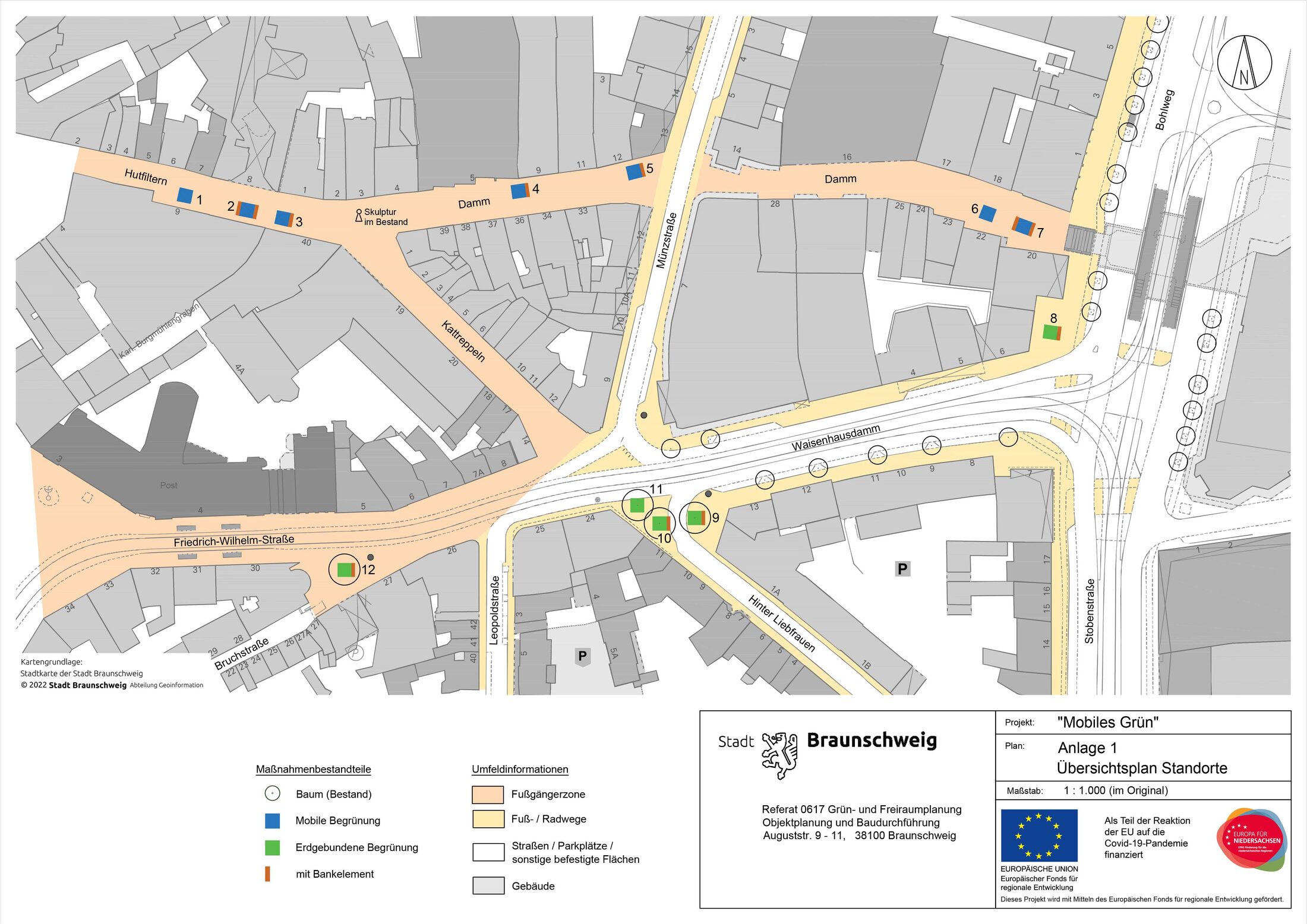 Stadtplankarte mit einer Übersicht der Standorte für "mobiles Grün" (Wird bei Klick vergrößert)