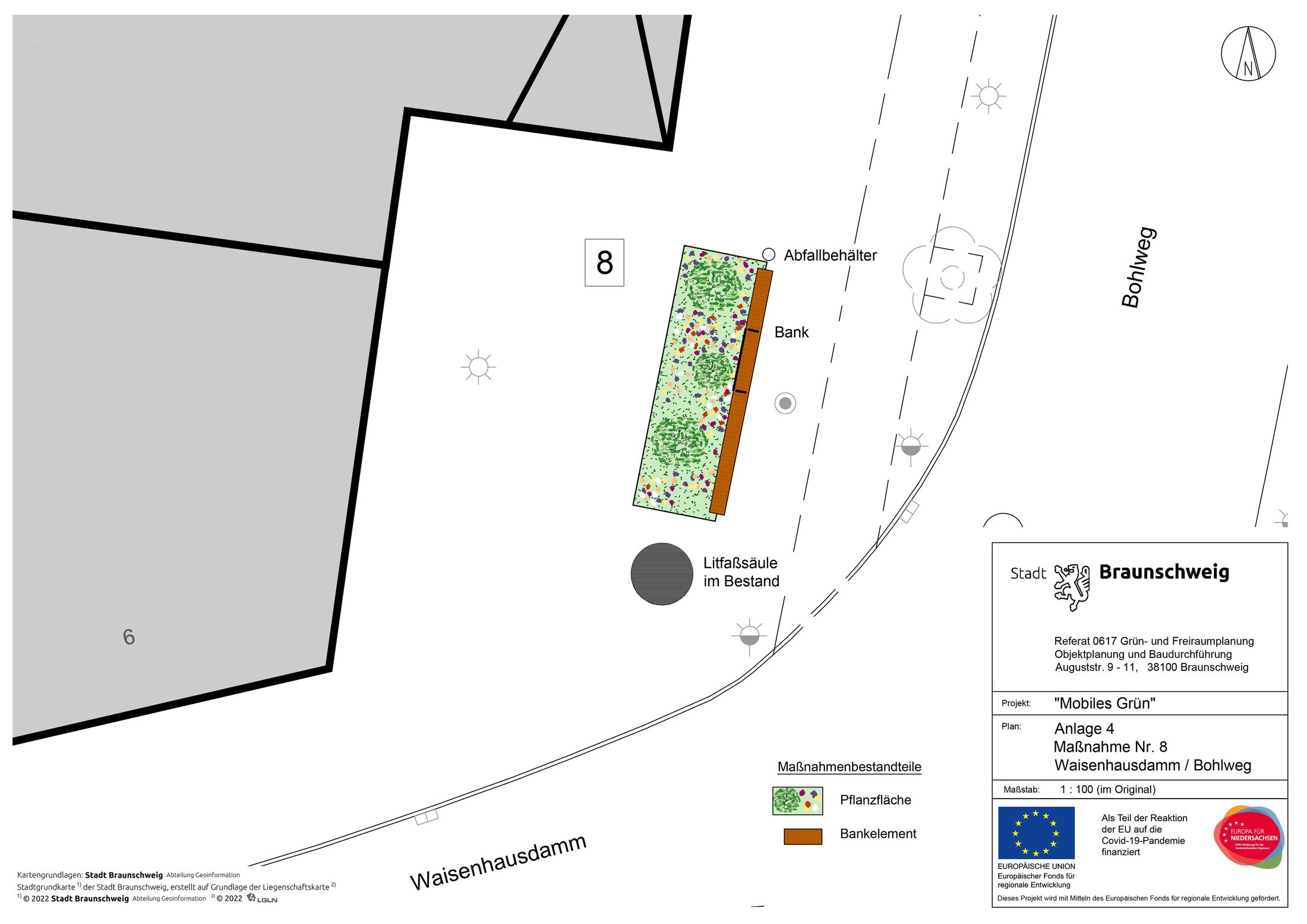 Stadtplanausschnitt "mobiles Grün" im Bereich Waisenhausdamm/Bohlweg (Wird bei Klick vergrößert)