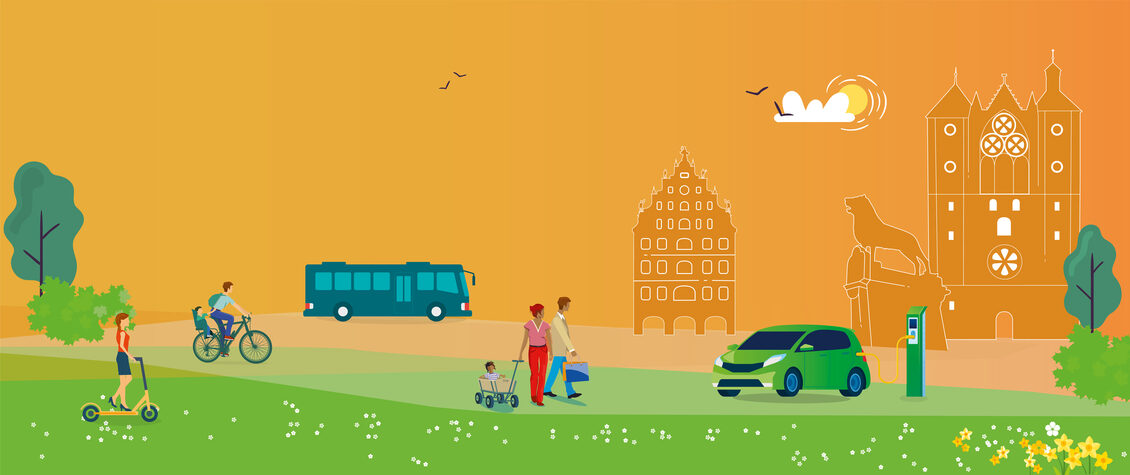 Symbolbild Stadtfrühling. Grafik mit Fahrrad, Auto, Bus und Menschen in Braunschweig.