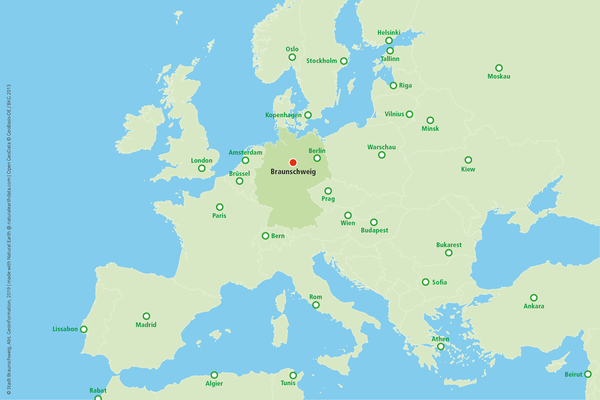Lage Braunschweigs im Herzen Europas (Wird bei Klick vergrößert)
