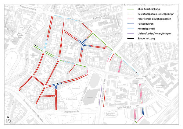 Das Parkraumkonzept Stadthalle umfasst den Bereich zwischen Okerumflut, Helmstedter Straße, Schillstraße, Ottmerstraße und Kurt-Schumacher-Straße. Innerhalb dieses Gebiets gibt es flächendeckende Bewohnerparkregelungen, sowie auch Kurzzeitparkplätze nahe der Hauptverkehrsstraßen. An zentralen Punkten in den Wohngebieten befinden sich Bereiche, in denen mit Parkschein geparkt werden kann. (Wird bei Klick vergrößert)
