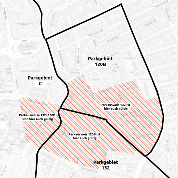 Die Bewohnerparkzone 120B umfasst den Bereich zwischen Oker, Jasperallee, Altewiekring und Helmstedter Straße. Die Parkzone 132 schließt südlich der Helmstedter Straße an. Die Parkzone C befindet sich in der Innenstadt westlich der Oker. Im Bereich zwischen Max.Beckmann-Platz, Altewiekring und Leonhardstraße dürfen Bewohner sowohl mit dem Parkausweis 120B als auch 132 kostenfrei und unbeschränkt parken. Im Steintorwall, Magnitorwall und der Museumstraße darf mit den Parkausweisen 132, 120B und C kostenfrei und unbeschränkt geparkt werden. (Wird bei Klick vergrößert)