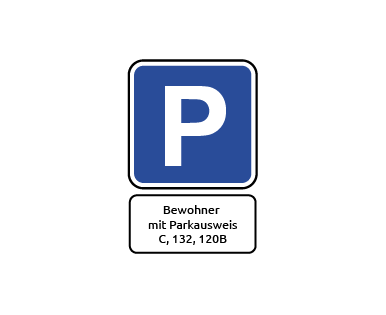 Beschilderung eines reservierten Bewohnerparkplatzes mit dem Verkehrszeichen "Parken" und dem Zusatzzeichen "Bewohner mit Parkausweis". (Wird bei Klick vergrößert)