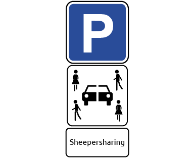 Beschilderung einer Carsharingstation mit dem Verkehrszeichen "Parken" und den Zusatzzeichen "Carsharing" sowie "Sheepersharing". (Wird bei Klick vergrößert)