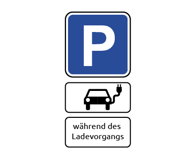 Beschilderung einer E-Lade-Station mit dem Verkehrszeichen "Parken" sowie den Zusatzzeichen "Elektrofahrzeuge" und "während des Ladevorgangs". (Wird bei Klick vergrößert)