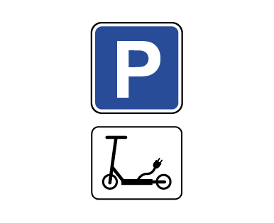 Beschilderung eines E-Scooter-Parkplatz mit dem Verkehrszeichen "Parken" sowie dem Zusatzzeichen "E-Scooter". (Wird bei Klick vergrößert)