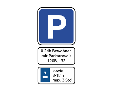 Beschilderung des Bewohnerparkens im "Mischprinzip" mit dem Verkehrszeichen "Parken" sowie den Zusatzzeichen "0-24 Uhr Bewohner mit Parkausweis" und "sowie 8-18 Uhr mit Parkscheibe maximal 3 Stunden". (Wird bei Klick vergrößert)