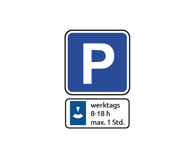 Beschilderung eines Kurzzeitparkplatz mit dem Verkehrszeichen "Parken" sowie dem Zusatzzeichen "werktags zwischen 8 und 18 Uhr maximal eine Stunde mit Parkscheibe". (Wird bei Klick vergrößert)