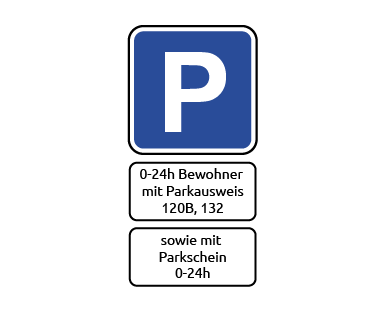 Beschilderung der "Parkscheininsel" mit dem Verkehrszeichen "Parken" sowie den Zusatzzeichen "0 bis 24 Uhr Bewohner mit Parkausweis" und dem Zeichen "sowie mit Parkschein von 0 bis 24 Uhr". (Wird bei Klick vergrößert)