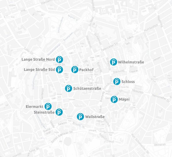 Lageplan der innerstädtischen Parkhäuser (Wird bei Klick vergrößert)