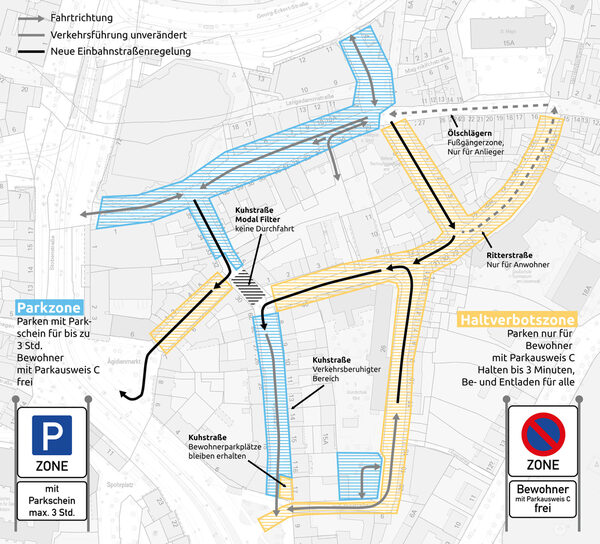 Übersichtskarte des Magniviertels mit der neuen Verkehrsführung und den neuen Parkzonen (Wird bei Klick vergrößert)