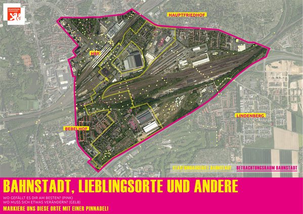 Luftbild mit Markierung des Lieblingsortes in pink und Markierung des Ortes, an dem sich etwas verändern soll in gelb (Wird bei Klick vergrößert)
