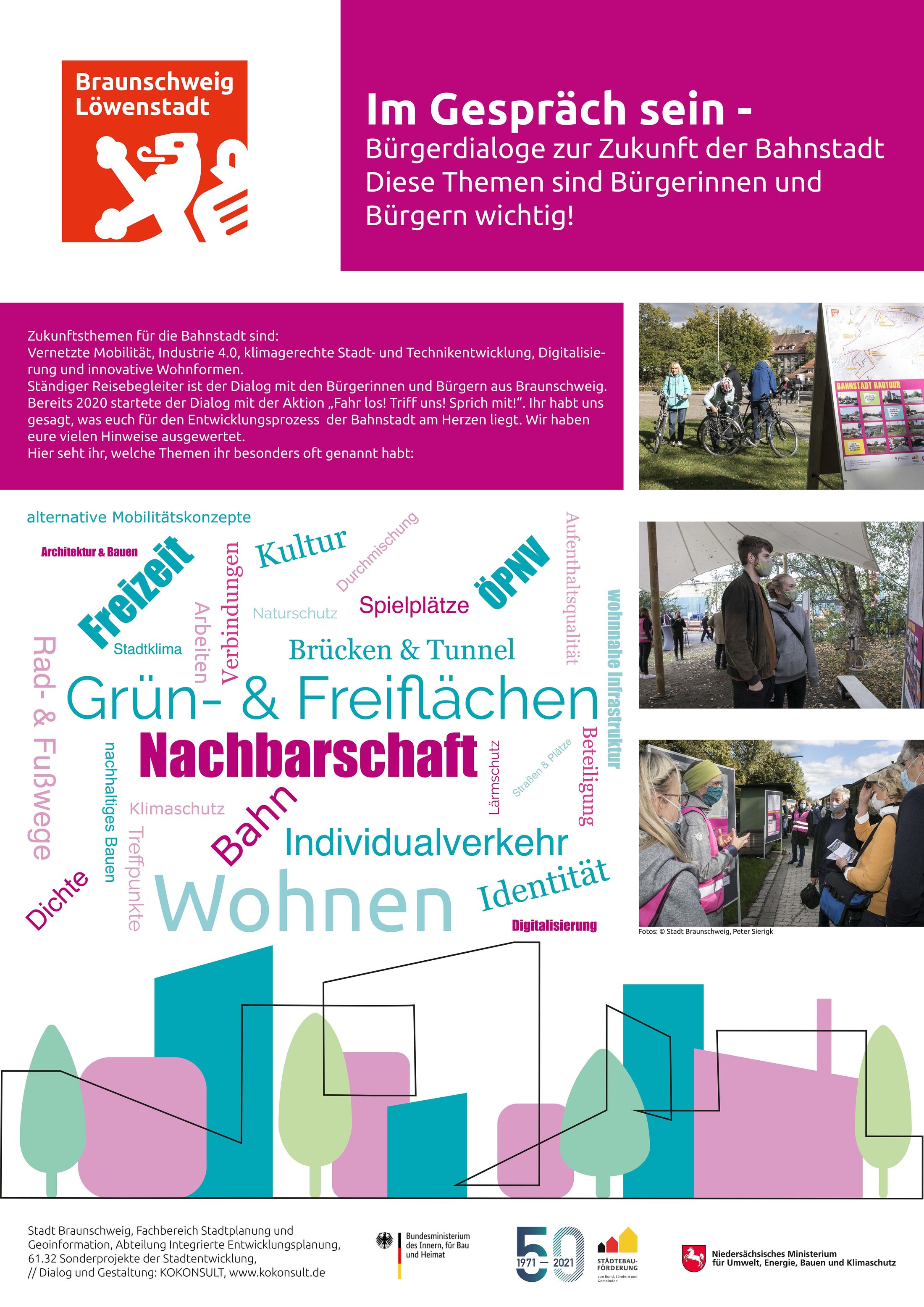 Plakat "Im Gespräch sein - Bürgerdialoge zur Zukunft der Bahnstadt - Diese Themen sind Bürgerinnen und Bürgern wichtig!" (Wird bei Klick vergrößert)