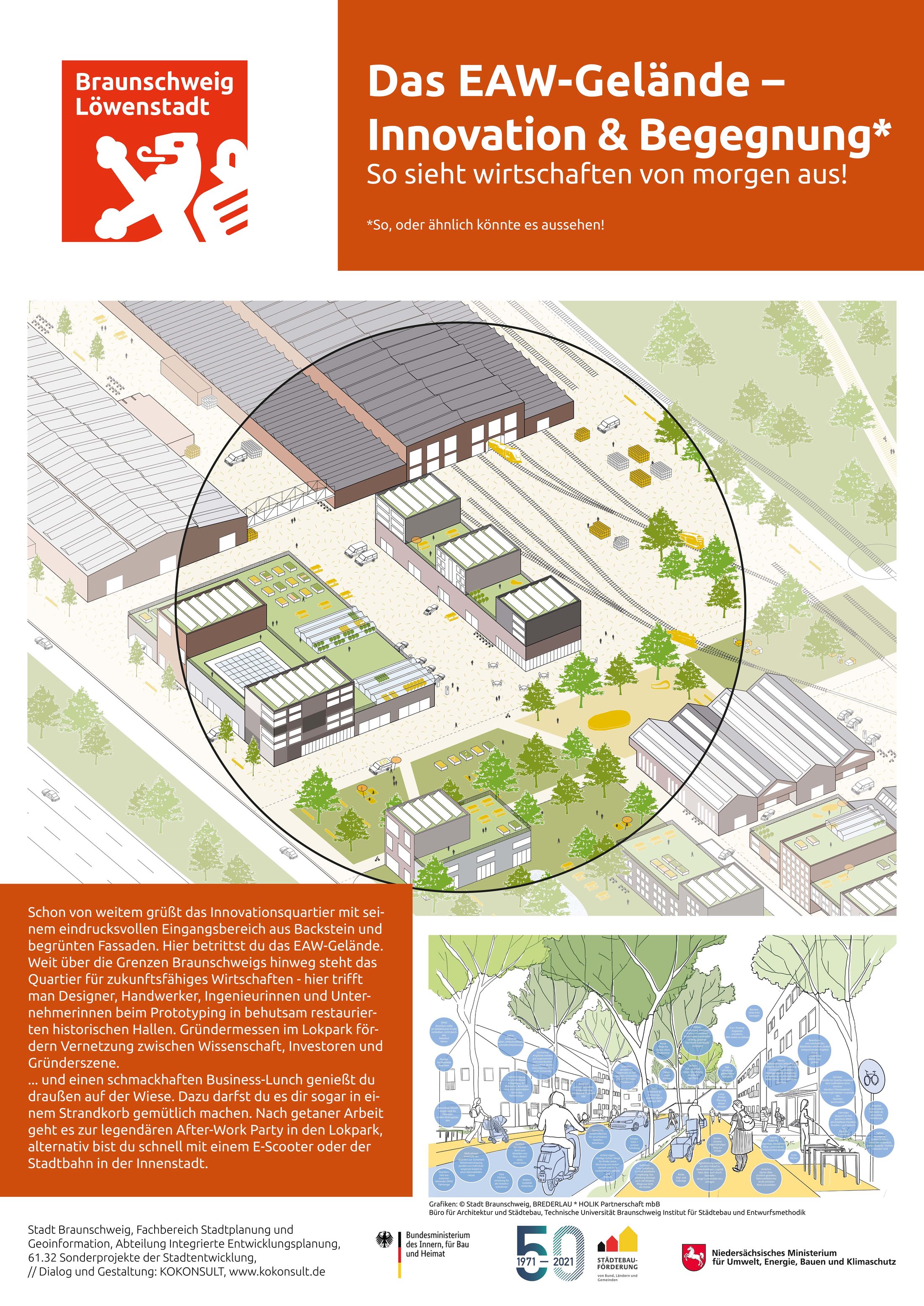 Plakat "Das EAW-Gelände - Innovation & Begegnung - So sieht wirtschaften von morgen aus!" (Wird bei Klick vergrößert)