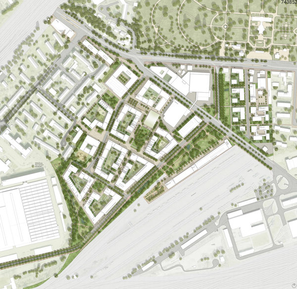 Lageplan urbanes Quartier am Hauptgüterbahnhof 2. Preis - Beitrag 1007 (Wird bei Klick vergrößert)