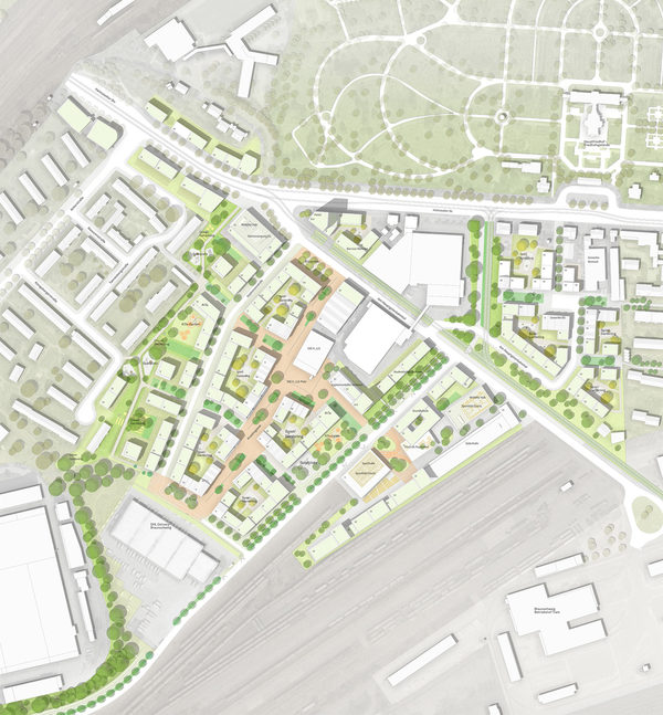Lageplan urbanes Quartier am Hauptgüterbahnhof Anerkennung - Beitrag 1013 (Wird bei Klick vergrößert)