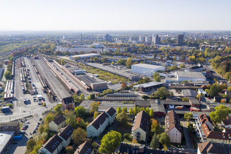 Foto aus Drohnenüberflug des Hauptgüterbahnhofs und angrenzender Flächen