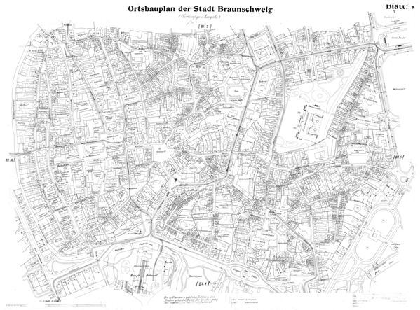 Kartenblatt des Ortsbauplans der Braunschweiger Innenstadt (Wird bei Klick vergrößert)
