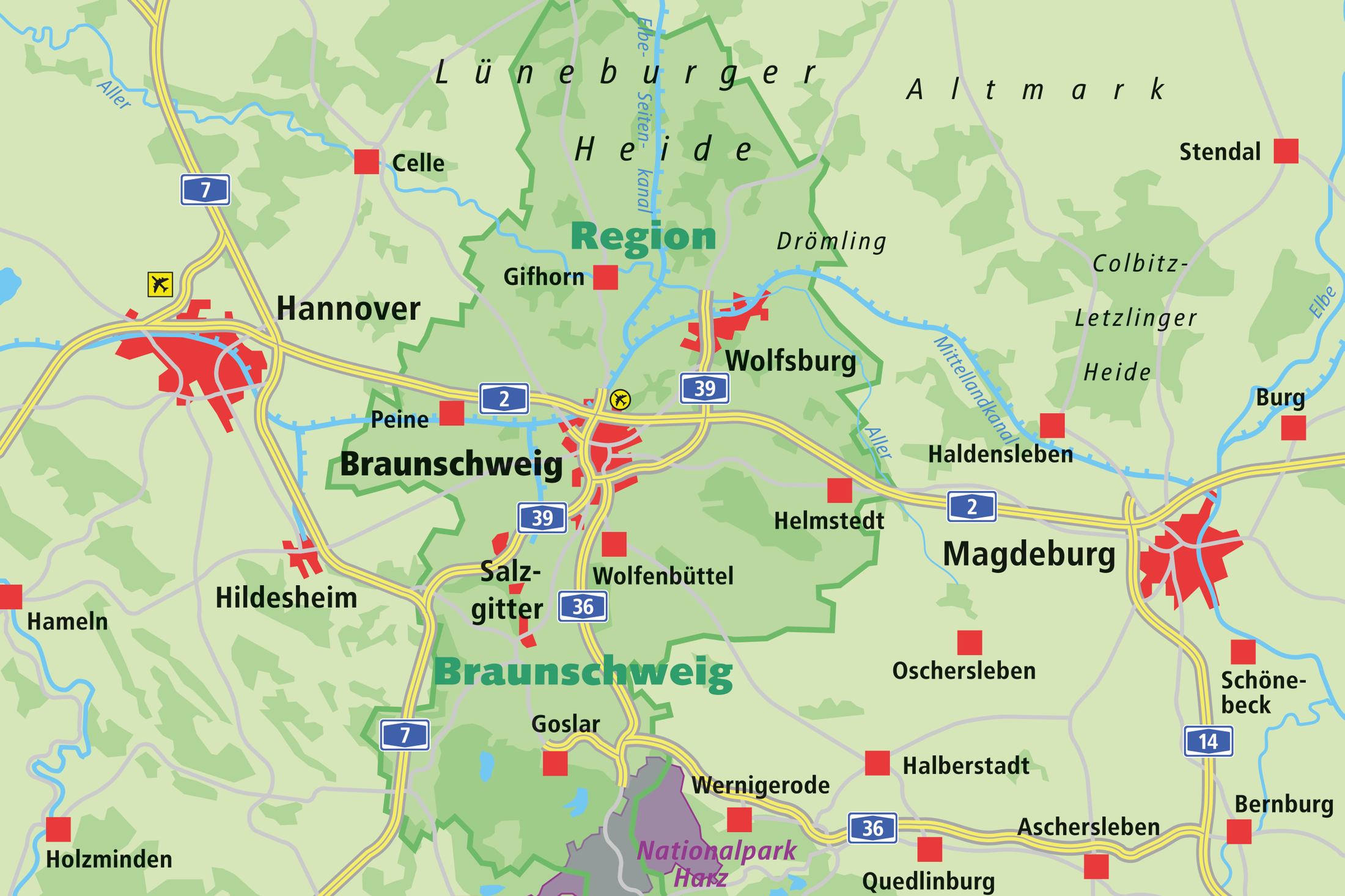 Regionalkarte 1:900.000, Lage der Region Braunschweig zwischen Hannover und Magdeburg (Wird bei Klick vergrößert)