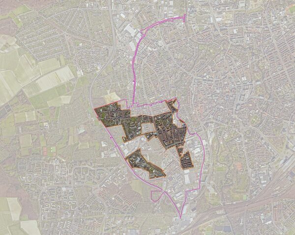 Sanierungsgebiet nach der 4. Teilaufhebung sowie Abgrenzung zu Beginn der Sanierung (Wird bei Klick vergrößert)