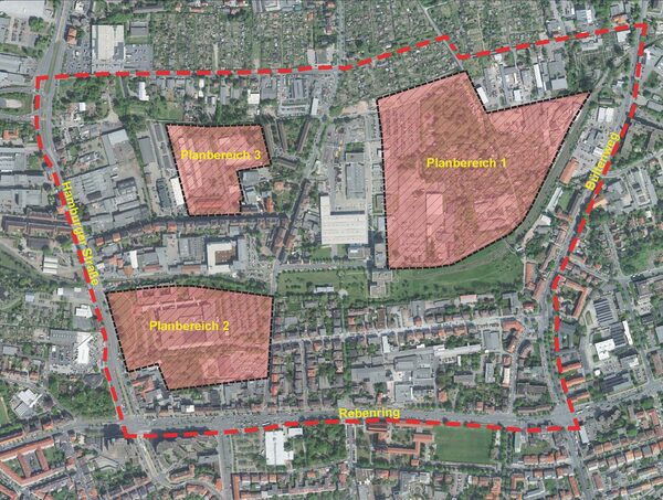 Umgriff des Nördlichen Ringgebietes und Kennzeichnung der drei Planbereiche (Wird bei Klick vergrößert)